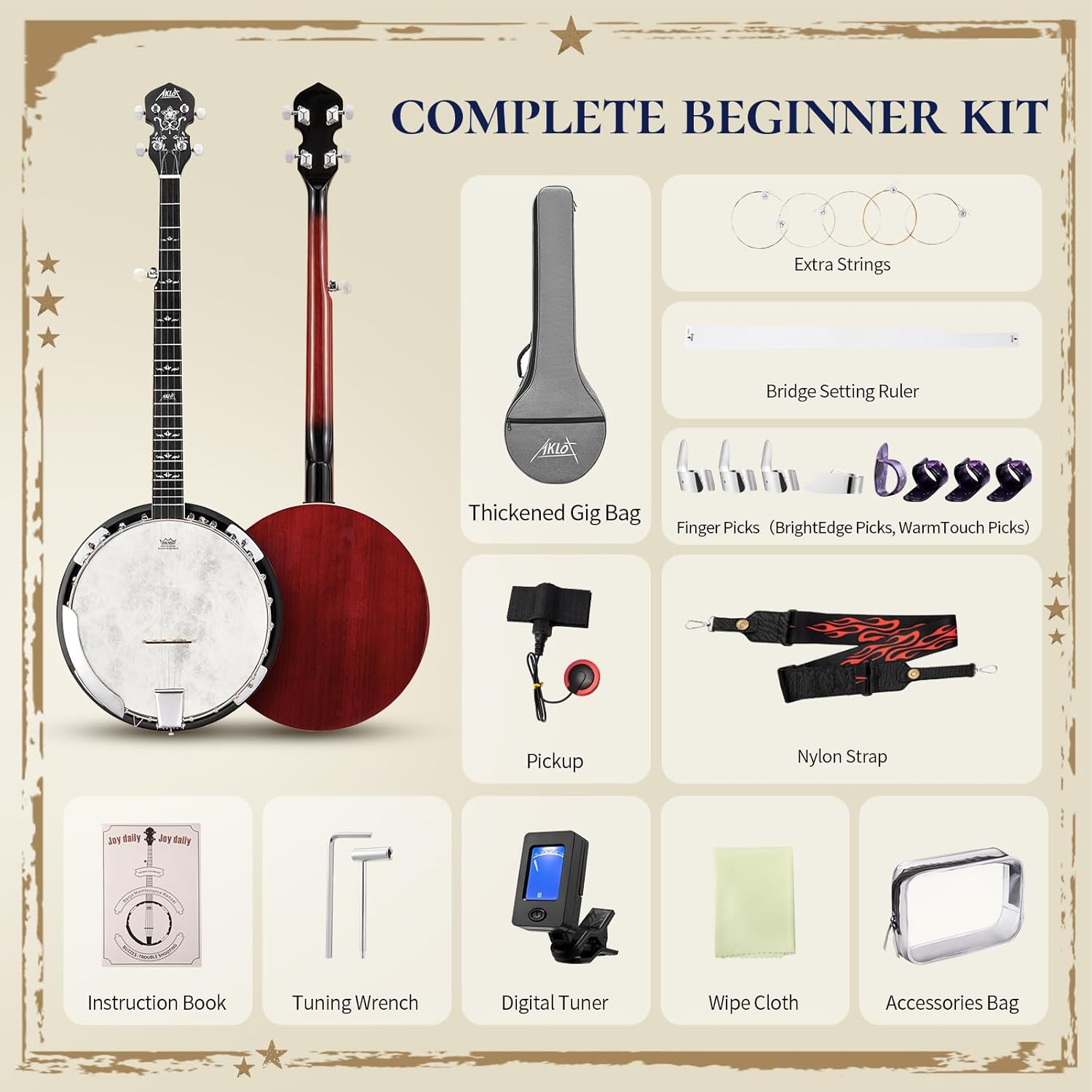 Banjo AKLOT de tamaño completo con parche Remo