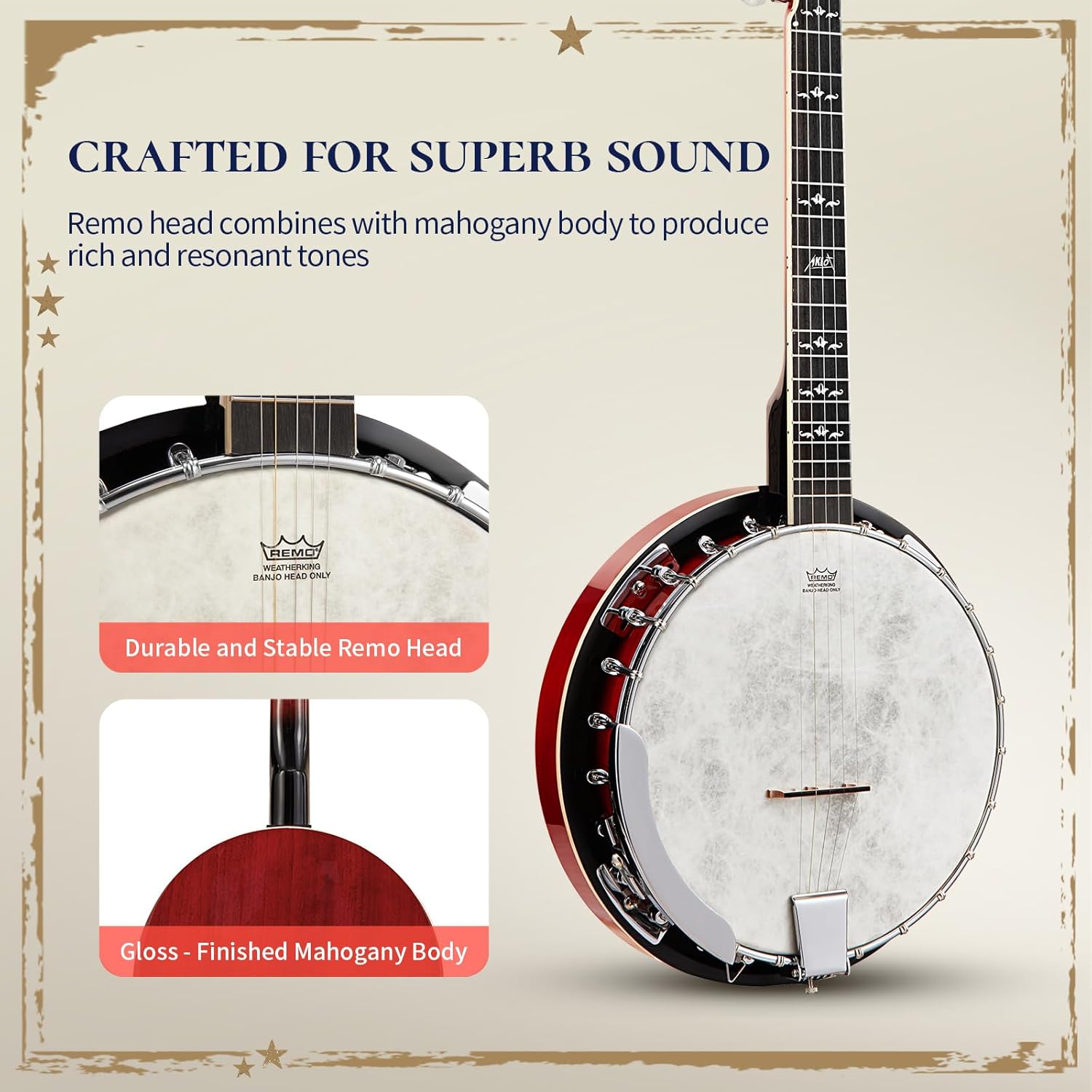 Banjo AKLOT de tamaño completo con parche Remo