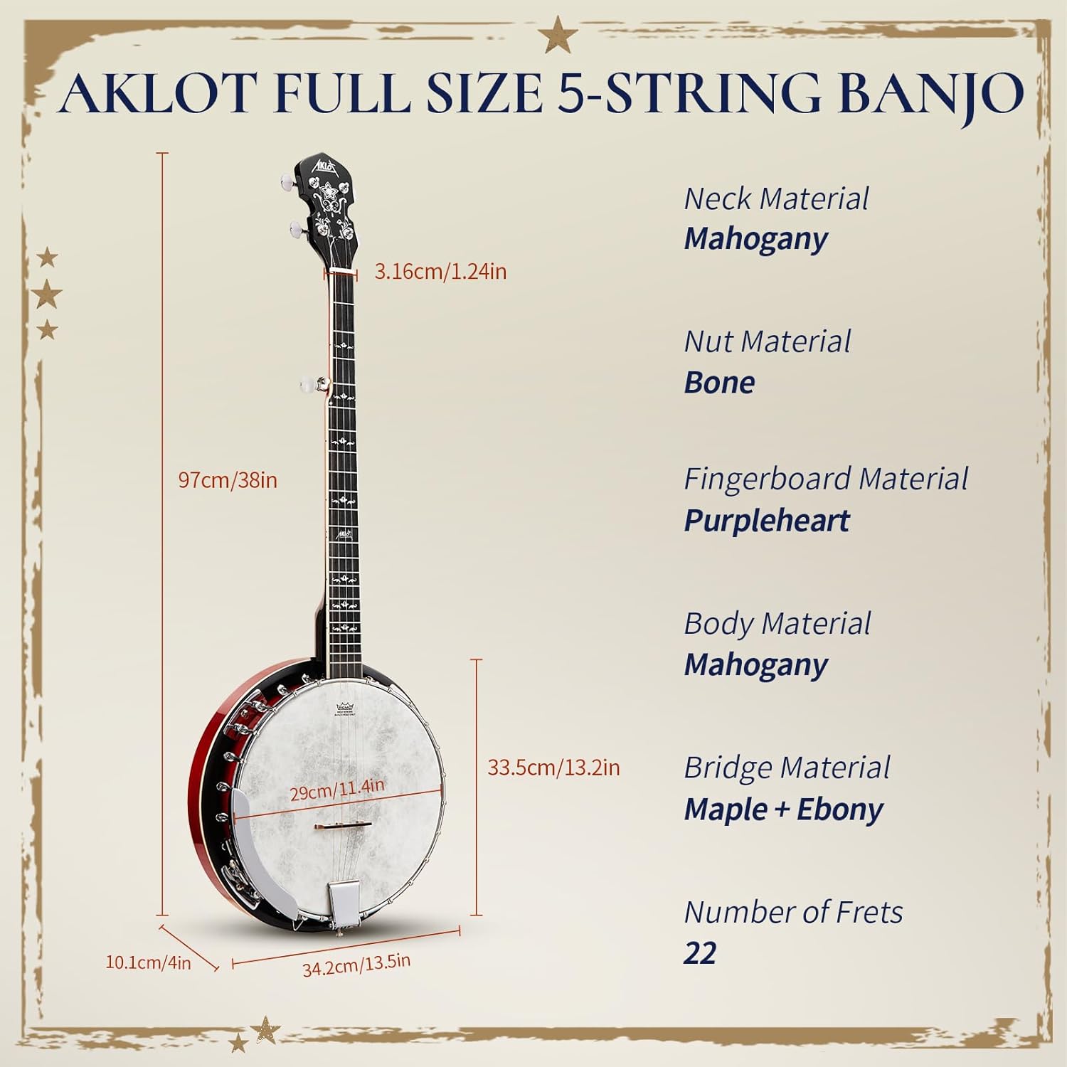 Banjo AKLOT de tamaño completo con parche Remo