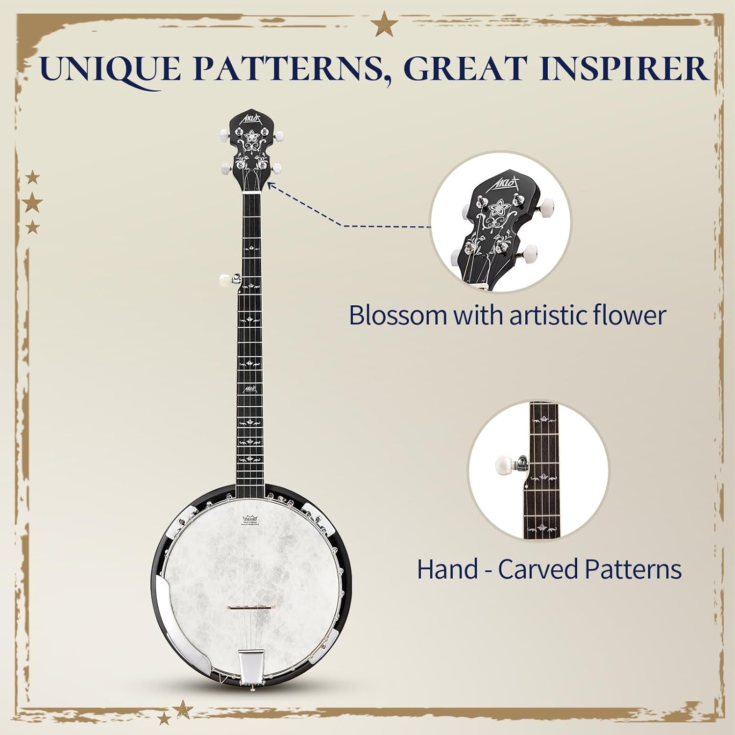 Banjo AKLOT de tamaño completo con parche Remo