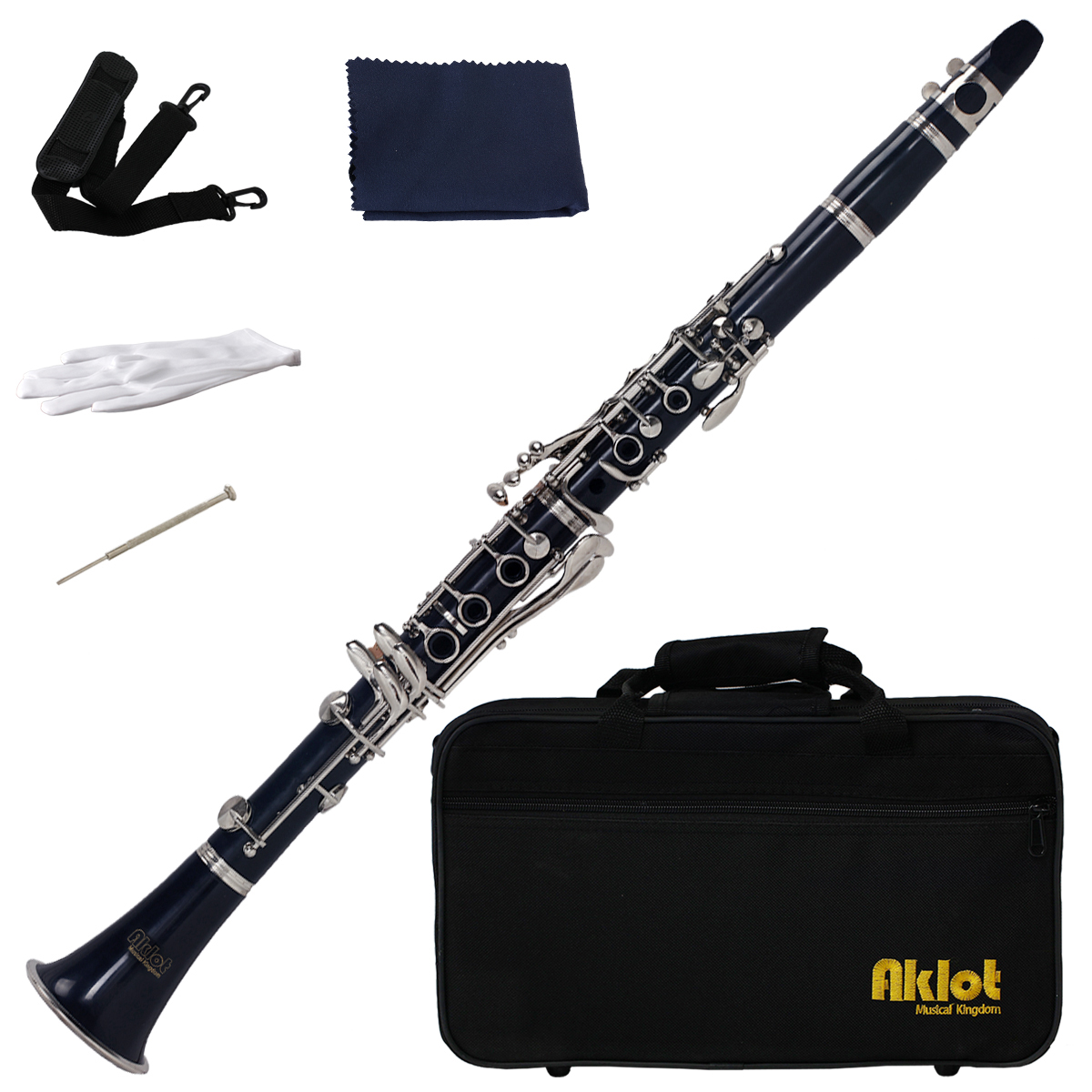 Aklot Bb Beginner Clarinet 17 Keys with Durable Dark Blue ABS Body with Reed Best for Student