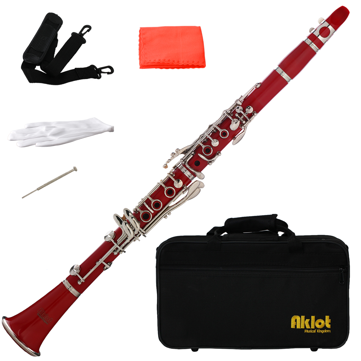 Aklot Bb Beginner Clarinet 17 Keys with Durable Red ABS Body with Reed Best for Student