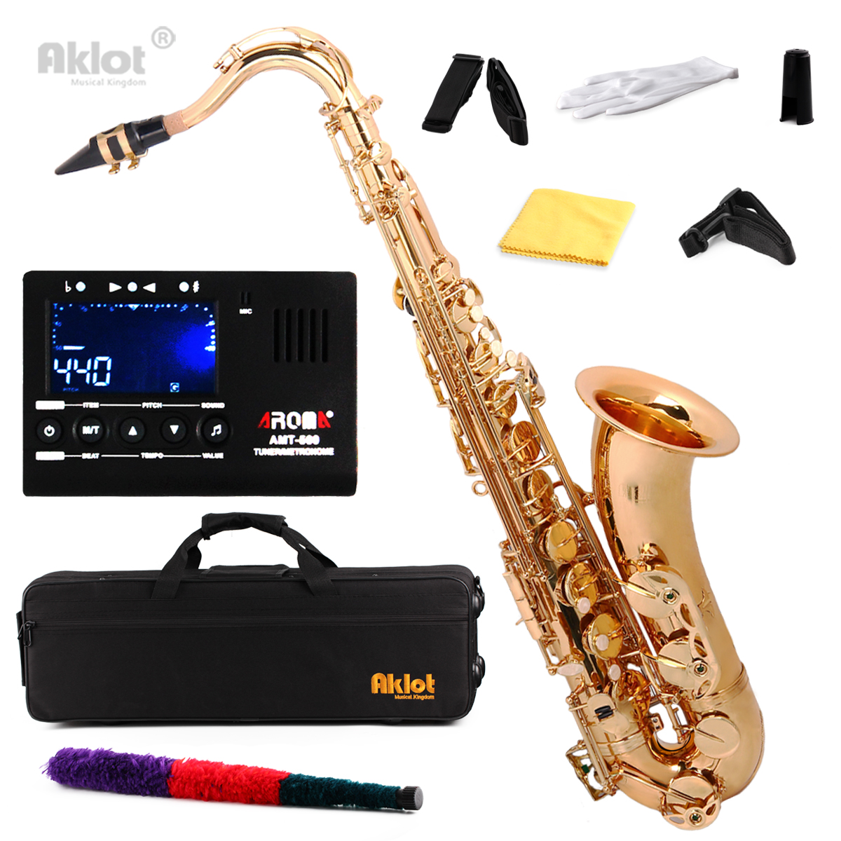 Aklot Bb Gold Beginner Tenor Saxophone Sax Brass Body with Chromatic Tuner