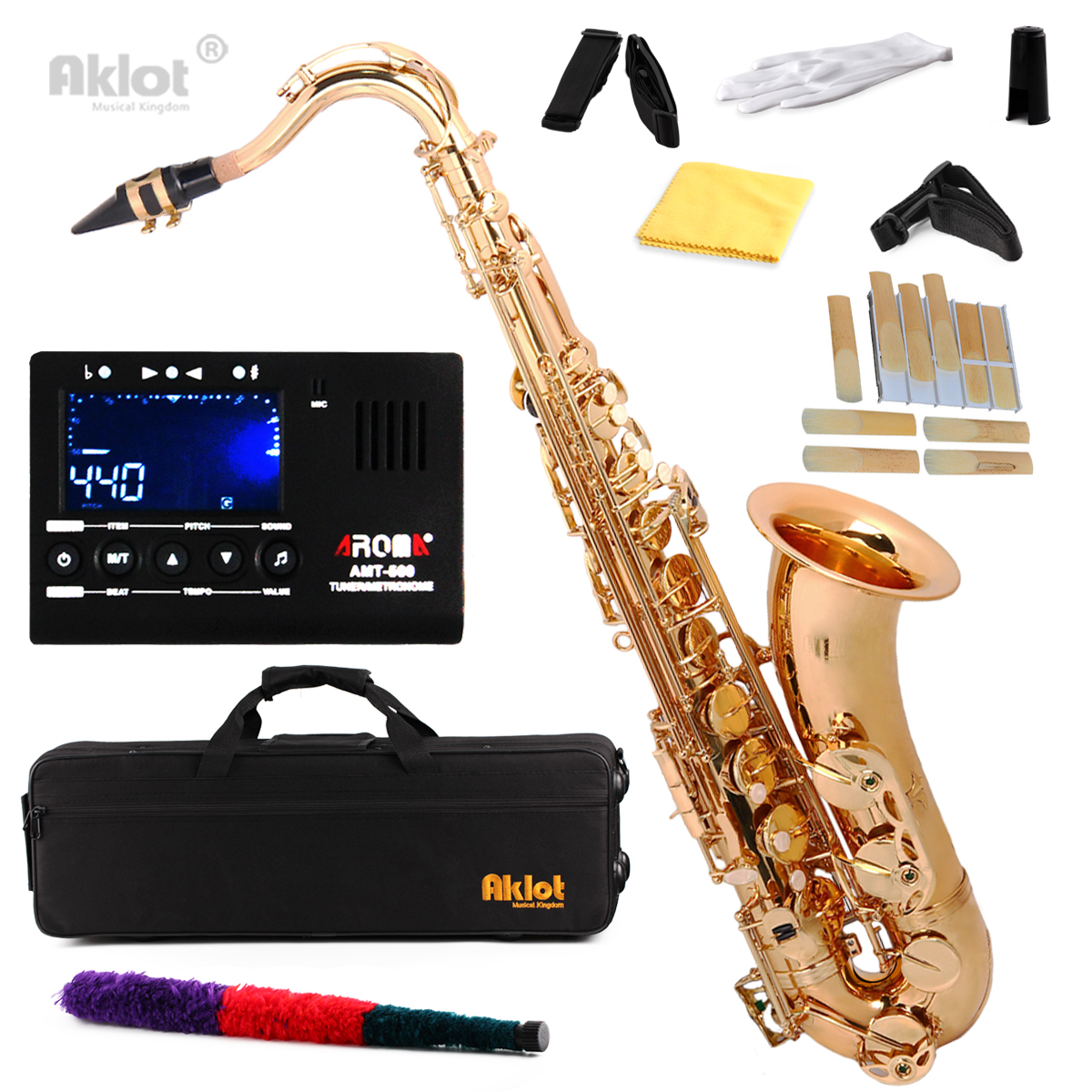 Aklot Bb Tenor Saxophone Sax Gold Lacquered with Neck Strap Reeds Cleacing Kit Tuner