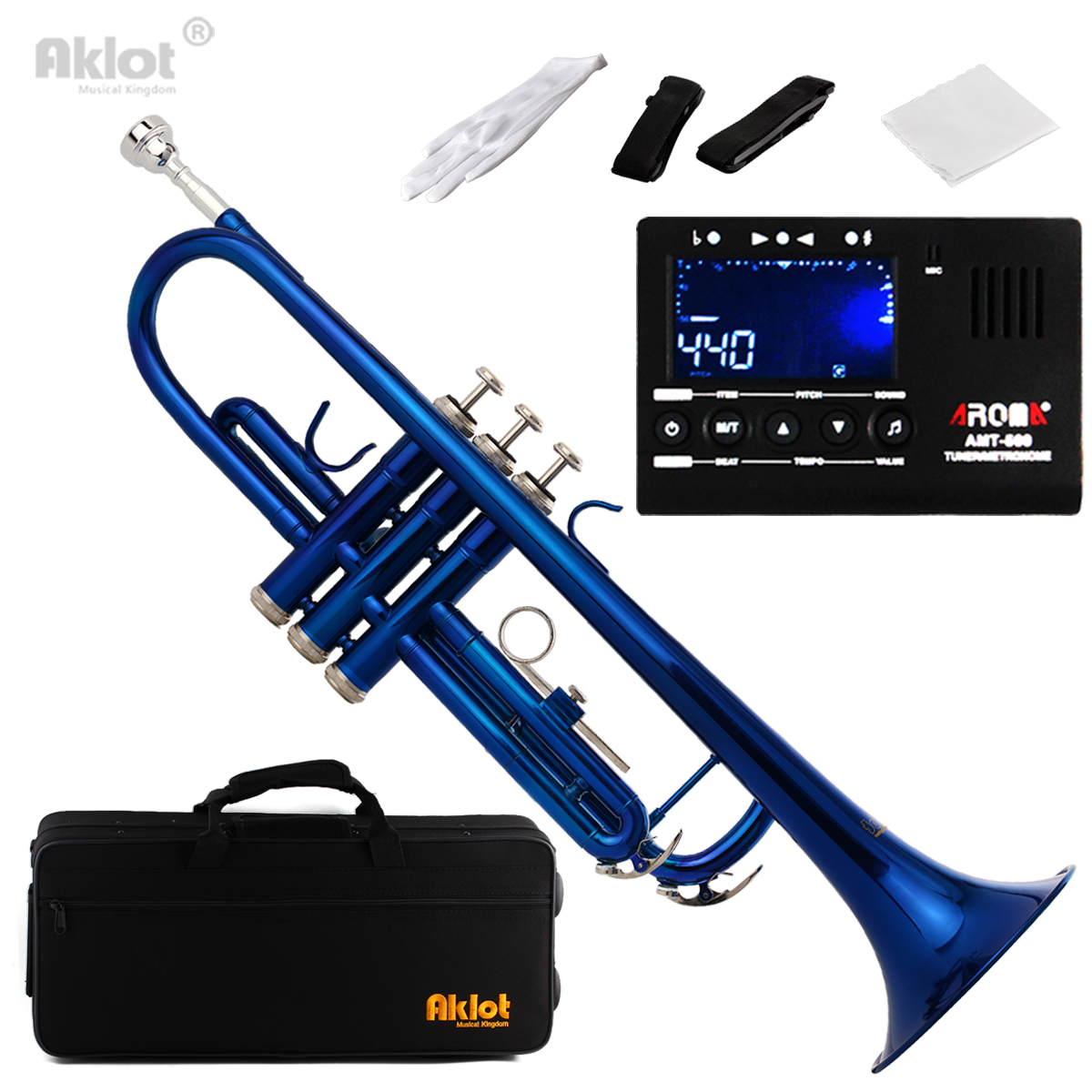 Aklot Bb B Flat Beginner Marching Band Trumpet Brass Body Silver Plated Mouthpiece Blue with Tuner