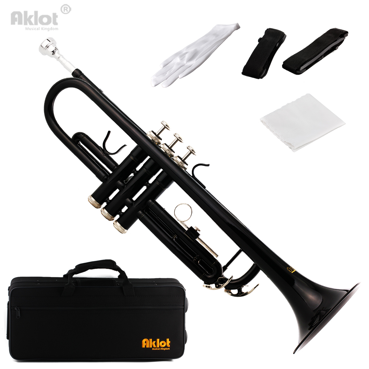 Aklot Bb B Flat Beginner Trumpet with 7C Silver Plated Mouthpiece Black Lacquered Brass Body for Student Band
