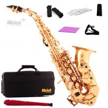 Aklot Bb Curved Soprano Saxophone Sax Gold Lacquered Brass Body with Case