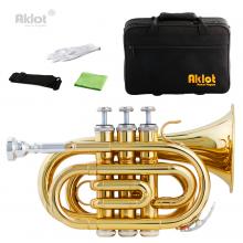 Aklot Bb Mini Pocket Trumpet 7C Silver Plated Mouthpiece Gold Lacquered Brass Body with Case