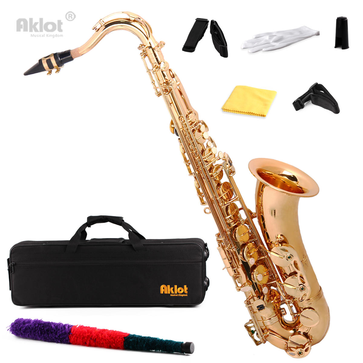 Aklot Bb Gold Beginner Tenor Saxophone Sax Brass Body with Case and Mouthpiece