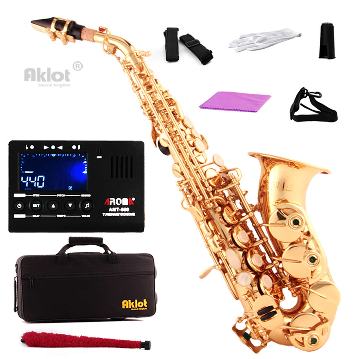 Aklot Gold Bb Curved Soprano Saxophone Sax Brass Body Chromatic Tuner and Case