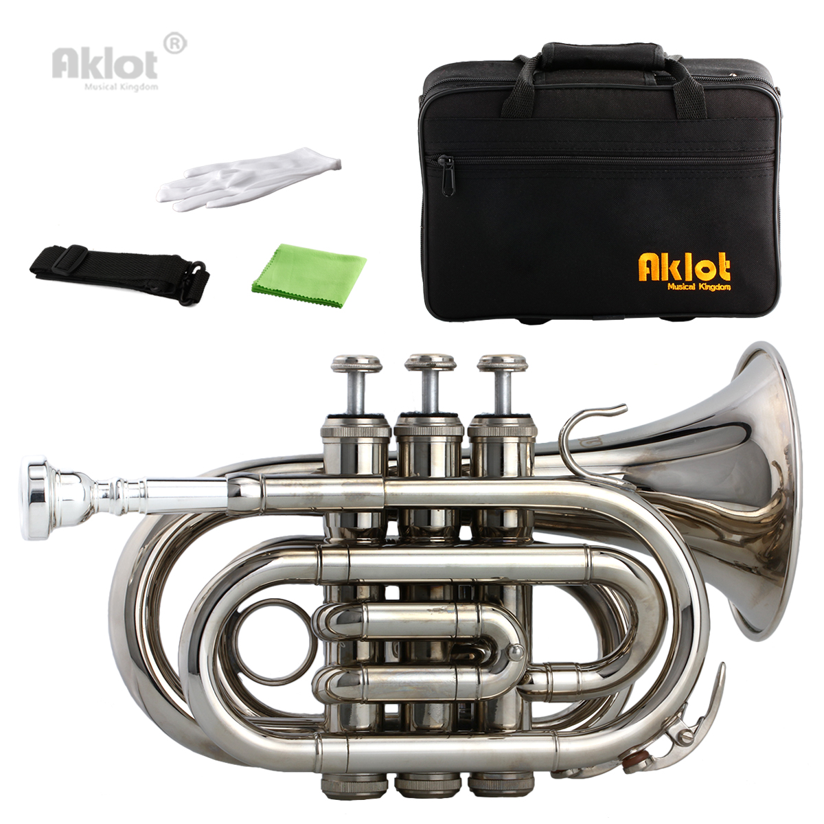 Aklot Bb Mini Pocket Trumpet 7C Silver Plated Mouthpiece Nickel Plated Brass Body with Case