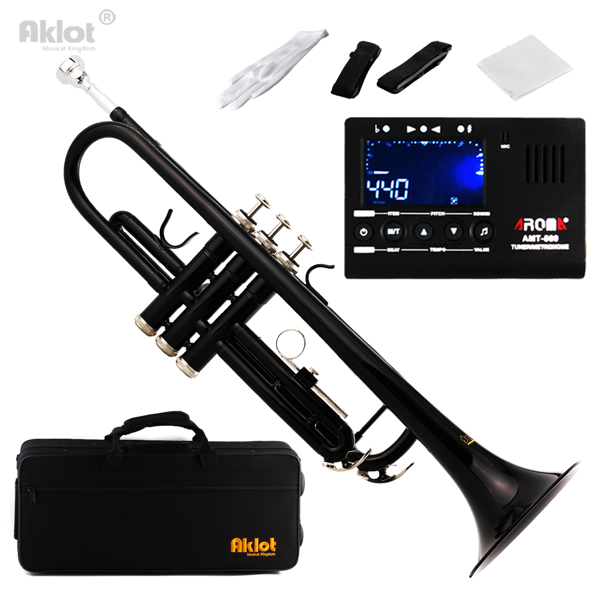 Aklot Bb B Flat Beginner Marching Band Trumpet Brass Body Silver Plated Mouthpiece Black with Tuner