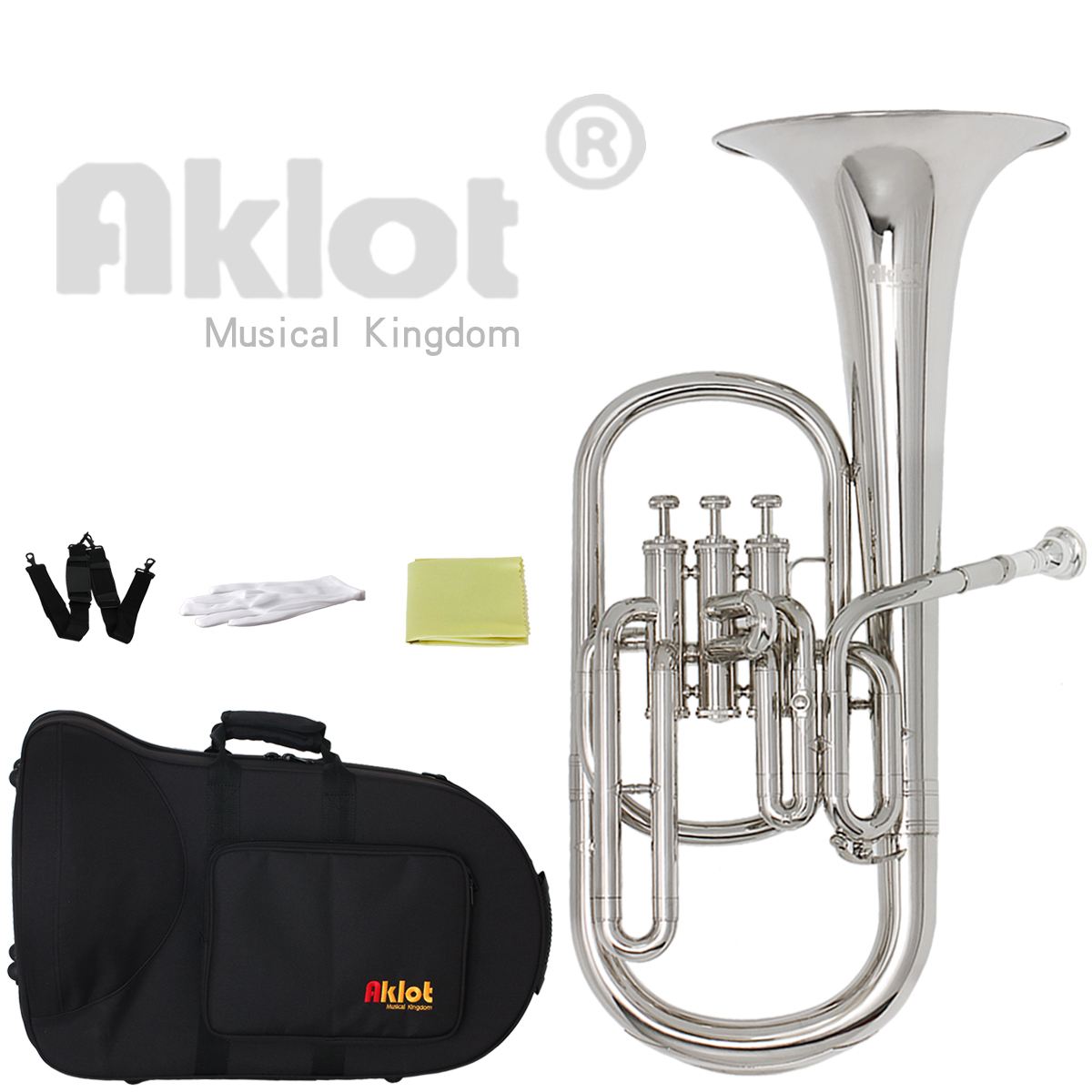 Aklot Intermediate Eb Nickel Alto Horn Silver Plated Mouthpiece Stainless Steel Piston with Case for Musical Education