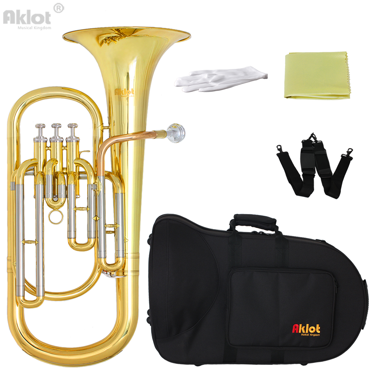 Aklot Professional Bb Baritone Horn Cupronickel Tuning Pipe Gold Brass Leadpipe Silver Plated Mouthpiece Gold Lacquered 